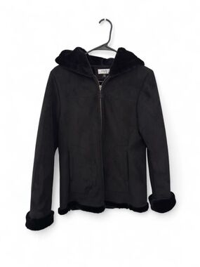 Jones faux suede jacket with faux fur lining and hood trim